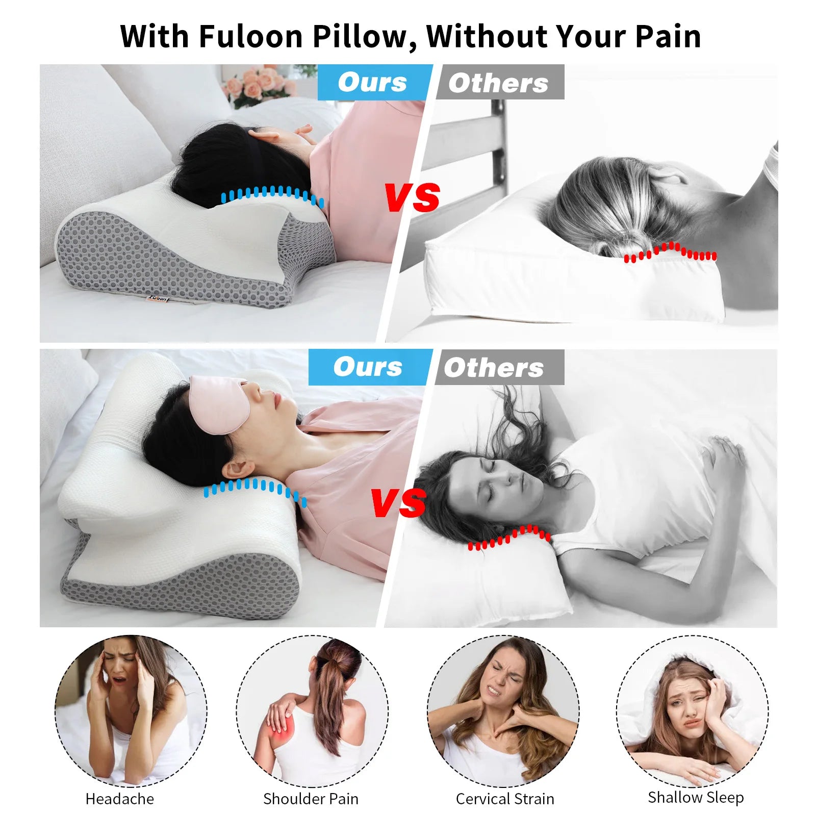 Fuloon Contour Memory Foam Cervical Pillow Ergonomic Orthopedic Neck Pain Pillow for Side Back Stomach Sleeper Remedial Pillows