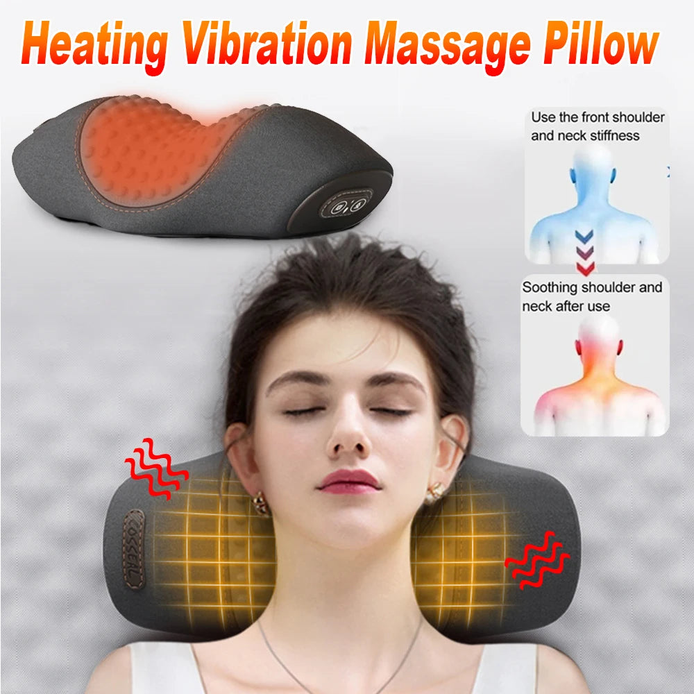 Electric Vibration Neck Massage Pillow Hot Compress Massager Neck Traction Pain Relief Massage Pillow Spine Support Sleep Relax