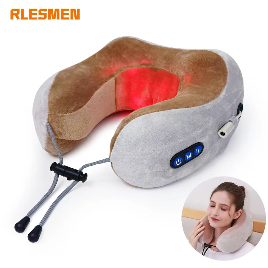 RLESMEN U Shaped Electric Massage Pillow Memory Foam Soft Neck Massager Sleeping Travel Airplane Pillows Cervical Health Care