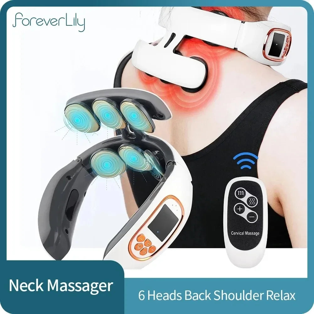 6 Heads Smart Electric Neck and Back Pulse Massager TENS Wireless Heat Cervical Vertebra Relax Pain Kneading Massage Machine