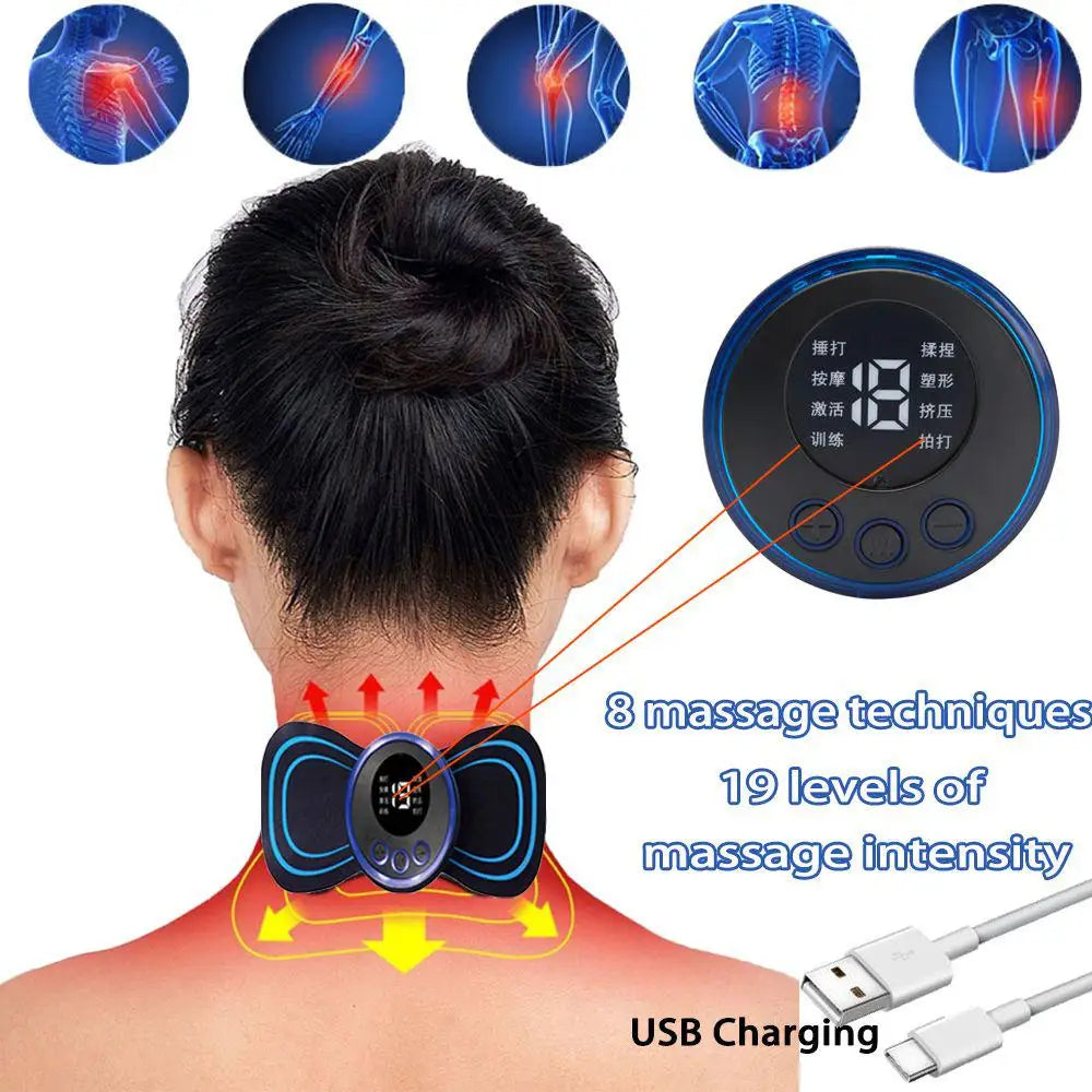 EMS Neck Massage LCD Display Electric Massager Cervical Neck Back Patch 8 Mode Pulse Muscle Stimulator Portable Relief Pain